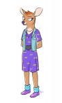 anthro biped brown_body brown_fur clothed clothing denim denim_clothing denim_topwear denim_vest dress female footwear fur hands_behind_back jewelry legwear looking_aside necklace purple_eyes purple_nose shoes simple_background smile socks solo standing tan_body tan_fur topwear vest white_background carororo bojack_horseman netflix charlotte_moore deer mammal 2015 cel_shading shaded