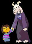 alternate_universe ambiguous_gender anthro asriel_dreemurr biped black_background boss_monster_(undertale) bovid caprine child clothing delta_rune_(emblem) digital_media_(artwork) duo facial_hair fangs frisk_(undertale) frown grumpy hand_holding hi_res horn human long_ears looking_at_viewer male mammal potoobrigham pupils robe simple_background smile square_pupils standing stripes symbol teeth undertale undertale_(series) unusual_pupils young