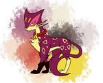 all_fours ambiguous_gender bell bell_collar clothing collar feral fur gloves handwear looking_at_viewer quadruped smile smug solo shadowswirlp nintendo pokemon red_felyne felid generation_5_pokemon liepard mammal pokemon_(species) shiny_pokemon