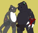 anthro balls black_body blush claws duo erection genitals green_eyes male male/male penis scar heibanhikaru bandai_namco digimon agumon digimon_(species) scalie shoutmon 2024 absurd_res hi_res