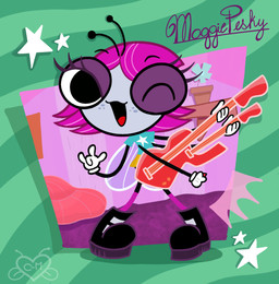 4_arms antennae_(anatomy) anthro big_eyes blue_clothing blue_flower blue_shirt blue_topwear boots bottomwear character_signature clothing double-neck_guitar electric_guitar eyebrows female flower footwear freckled_face freckles gloves green_background grey_face guitar half-closed_eyes handwear insect_wings inside magenta_hair multi_arm multi_limb musical_instrument narrowed_eyes one_eye_closed orange_bottomwear orange_clothing orange_skirt pink_clothing pink_footwear pink_socks pink_wall plant plant_pot plucked_string_instrument purple_boots purple_clothing purple_floor purple_footwear red_guitar red_tongue shirt shoes simple_background skirt socks solo star string_instrument t-shirt tongue topwear white_clothing white_gloves white_handwear wings wink mags-niac disney the_buzz_on_maggie maggie_pesky arthropod fly_(animal) insect hi_res