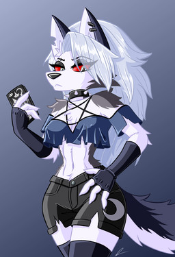 anthro bottomwear breasts cleavage clothed clothing collarbone countershading eyebrows female fluffy fur hair midriff navel piercing ring shorts solo tail tongue translucent tuft white_body hellaverse helluva_boss mythology loona_(helluva_boss) canid canid_demon canine demon hellhound humanoid mammal mythological_canine mythological_creature 2025 absurd_res digital_media_(artwork) hi_res