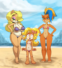 accessory anthro areola beach big_areola big_breasts bikini black_nose blonde_hair blue_sky breasts brown_areola brown_nose camel_toe clothing cloud countershade_face countershade_neck countershade_torso countershading day ear_piercing ear_ring exposure_variation eyeshadow feet female flower flower_in_hair front-tie_bikini fur green_eyes group hair hair_accessory huge_breasts leg_markings lipstick long_hair makeup markings micro_bikini mole_under_eye navel nervous nervous_smile outside piercing pink_areola pink_bikini pink_clothing pink_eyelids pink_swimwear plant purple_bikini purple_clothing purple_swimwear ring_piercing sea side-tie_bikini sky socks_(marking) string_bikini swimwear tan_body tan_countershading tan_fur teal_eyes triangle_bikini trio two-piece_swimsuit water wide_hips young young_anthro young_female onihidden sunnyincognito vono activision crash_bandicoot_(series) crash_bandicoot_4:_it's_about_time coco_bandicoot pirate_tawna tawna_bandicoot bandicoot mammal marsupial absurd_res artist_collaboration hi_res