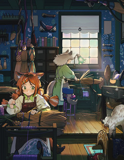 animal_ears apron braided_pigtails broom brown_apron brown_clothing chair cleaning_tool clothed clothed_female clothing detailed_background dress female feral frilly frilly_clothing frilly_dress fully_clothed fully_clothed_female furniture green_clothing green_dress green_eyes grey_hair group hair inner_ear_fluff inside orange_hair standing tail tuft white_apron white_clothing white_dress window working carol_caocao animal_humanoid domestic_cat felid feline felis humanoid mammal hi_res