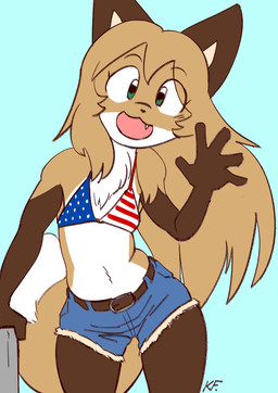 american_flag american_flag_bikini anthro belt bikini bottomwear brown_body chest_tuft clothing denim denim_bottomwear denim_clothing denim_shorts female flag_bikini flag_swimwear gesture green_eyes hair long_hair looking_at_viewer shorts smile solo swimwear translucent translucent_hair tuft two-piece_swimsuit united_states_of_america waving waving_at_viewer conditional_dnp killerfoxkin averi_(fiddleafox) canid canine fox mammal absurd_res hi_res