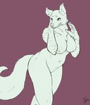 anthro breasts eyebrows female inner_ear_fluff navel neck_tuft nipples nude smile solo tail tuft artcondedaniel canid canine mammal hi_res monochrome