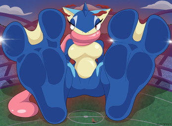 2_toes breasts cloud extreme_size_difference featureless_breasts feet female foot_focus macro macro_female membrane_(anatomy) size_difference sky stadium toes webbed_feet burtreex mythology nintendo pokemon amphibian charizard dragon generation_1_pokemon generation_6_pokemon greninja mythological_creature mythological_scalie pokemon_(species) scalie absurd_res hi_res