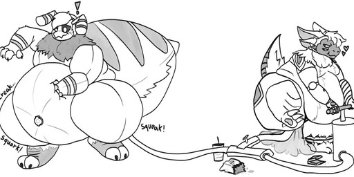 air_inflation air_pump anthro belly belly_expansion creaking exclamation_point expansion fart fart_fetish fart_inflation heart_symbol hose hose_in_butt hose_inflation inflation machine male nozzle nozzle_on_belly onomatopoeia overweight slightly_chubby slightly_chubby_anthro slightly_chubby_male snout sound_effects text trash fabiantheprotogen fabiantheprotogen_(character) ruben_(ruben_sling) arthropod bee hymenopteran insect protogen 2022 hi_res monochrome