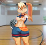 anthro areola basketball_uniform breasts clothed clothing clothing_lift female front_view nipples presenting presenting_breasts solo sportswear tune_squad_outfit tune_squad_outfit_(2021) uniform souley69 looney_tunes space_jam space_jam:_a_new_legacy warner_brothers lola_bunny lagomorph leporid mammal rabbit hi_res