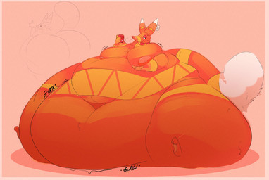 2_toes 3_fingers anthro belly beverage_can big_belly big_moobs bodily_fluids deep_navel dipstick_ears dipstick_tail ear_markings feet fingers holding_moob holding_object huge_belly hyper hyper_belly immobile male markings moobs morbidly_obese morbidly_obese_anthro morbidly_obese_male multicolored_ears navel nervous nervous_sweat nipples obese obese_anthro obese_male orange_body orange_nose overweight overweight_anthro overweight_male pinata pink_background pink_nipples simple_background solo sweat tail tail_markings toes paperclipeggs paulie_pretztail animate_inanimate canid canine fox living_pinata mammal 2023 hi_res