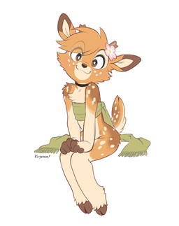 accessory ambiguous_gender anthro antlers clothing cloven_hooves flower flower_accessory flower_in_hair freckled_face freckles fur hair hair_accessory hooves horn looking_at_viewer male markings mostly_nude plant scarf scarf_only scut_tail short_tail simple_background smile solo spots spotted_markings tail young young_anthro young_male koiyaroid koiyaroid_(character) deer mammal hi_res
