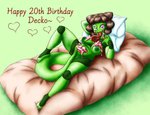 anthro bed big_breasts birthday birthday_cake breasts cake dessert eye_patch eyelashes eyewear female food food_on_body food_on_breasts food_on_face furniture long_tail long_tongue nude pillow slightly_chubby slightly_chubby_female solo stripes tail tongue tongue_out shy_ayu decky_(pongodecky) humanoid lizard reptile scalie hi_res