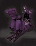 3_toes 4_fingers anthro belly bodily_fluids bow_tie bulge eyebrows feet fingers flying_sweatdrops halftone_background looking_at_viewer lying machine male missing_arm on_back on_model pattern_background pose purple_body red_eyes simple_background soles solo sweat sweatdrop teeth toes kogito five_nights_at_freddy's five_nights_at_freddy's_2 scottgames withered_bonnie_(fnaf) animatronic lagomorph leporid mammal rabbit robot 2023 digital_media_(artwork) halftone hi_res pinup