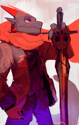 2_horns abstract_background anthro black_claws bodily_fluids bottomwear buttoned_clothing claws clothed clothed_anthro clothed_male clothing empty_eyes finger_claws front_view fully_clothed fully_clothed_anthro fully_clothed_male grey_body hand_on_sword head_horn head_turned horn jacket logo_on_clothing looking_aside male melee_weapon mouth_closed pants red_horn red_scarf scarf shirt solo sword tail tears text topwear weapon goofyahdragons lizard reptile scalie 2024 absurd_res artist_name digital_drawing_(artwork) digital_media_(artwork) hi_res portrait three-quarter_portrait