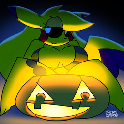 anthro anthrofied big_breasts black_sclera blonde_hair bra breasts clothed clothing female food fruit fur hair jack-o'-lantern plant pokemorph pumpkin sitting sitting_on_ground smile smiling_at_viewer solo tail thick_thighs underwear white_eyes yellow_body yellow_fur filthycottonart unfortu-nate nintendo pokemon skye_(unfortu-nate) generation_1_pokemon pikachu pokemon_(species) 1:1 2025 digital_media_(artwork) hi_res