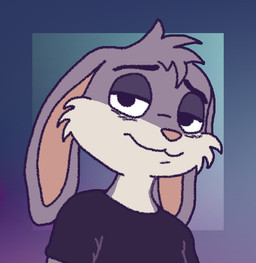 abstract_background ambiguous_gender anthro black_clothing black_shirt black_topwear casual_clothing cheek_tuft clothed clothing confident_expression facial_tuft fluffy fluffy_tail fur gradient_background grey_body grey_fur inner_ear_fluff long_ears looking_at_viewer purple_body purple_fur shirt short_fur simple_background smile smug_expression solo t-shirt tail topwear tuft visible_tail white_body white_fur anonymous_artist violet_bunny lagomorph leporid mammal rabbit bust_portrait digital_media_(artwork) portrait