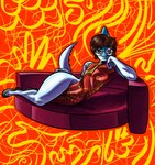 abstract_background anthro asian_clothing blue_body blue_scales brown_hair chinese_clothing chinese_dress clothed clothing crossdressing dress east_asian_clothing eyewear femboy fingers furniture glasses hair long_tail looking_at_viewer lying male on_side pink_eyes scales short_hair sofa solo spiked_tail spikes spikes_(anatomy) tail thick_thighs banco cavemanon_studios i_wani_hug_that_gator benjamin_mcknight dinosaur hadrosaurid ornithischian ornithopod parasaurolophus prehistoric_species reptile scalie 2024 digital_media_(artwork)