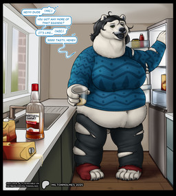 anthro appliance beverage big_breasts black_border black_hair blue_clothing blue_sweater blue_topwear border bottomwear breasts claws clothing detailed_background dialogue drunk eggnog female footwear fridge fur hair holding_beverage holding_object implied_transformation kitchen kitchen_appliance navel obese open_mouth overweight overweight_anthro pants sink smile socks solo standing substance_intoxication sweater text topwear torn_clothing white_body white_fur miltonholmes bear mammal polar_bear ursine 2025 digital_media_(artwork) english_text hi_res