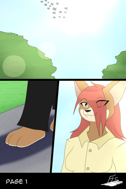 3_toes anthro black_bottomwear black_clothing black_pants blue_sky bottomwear clothing feet female grass light pants paws plant shirt sidewalk sky smile sun sunlight toes topwear tree walking yellow_clothing yellow_shirt yellow_topwear misterfis rebecca_(misterfis) avian bird canid canine fox mammal comic hi_res
