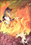 anthro bandage bone fire fur grass grey_body grey_fur hair magic_user male pigtails plant shaman short_hair skull solo tribal_spellcaster white_body white_fur yellow_body yellow_fur kaurimoon canid canine canis mammal wolf absurd_res hi_res