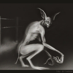 4_fingers ambiguous_anthro ambiguous_gender anthro barbed_wire barbed_wire_fence big_ears creepy crouching digitigrade empty_eyes fangs fence fingers fur grass head_turned long_fingers looking_at_viewer night nude nude_ambiguous nude_anthro outside plant ribs solo tail teeth text thin_fingers thin_tail louceph american_mythology mythology chupacabra cryptid mammal 1:1 2018 artist_name greyscale hi_res letterbox monochrome