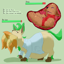 abdominal_bulge ambiguous_gender clothing coat duo eyewear feral gameplay_mechanics glasses green_background gui health_bar internal lab_coat oral_vore purple_eyes scarf simple_background text topwear vore diorexity nintendo pokemon dr._parsley_leaf_(tastytales) fan_character spice_blase_(tastytales) eeveelution generation_1_pokemon generation_4_pokemon leafeon ninetales pokemon_(species) 1:1 2017 english_text hi_res