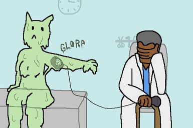 anthro blood_pressure_cuff breasts cardiac_monitor clock clothed clothing coat doctor doctor's_office duo eyewear facepalm female glasses inside lab_coat looking_at_another male medical_instrument scientific_instrument simple_background sitting slime text topwear meow-moment_(artist) dr._yiphman canid canine goo_creature human mammal english_text