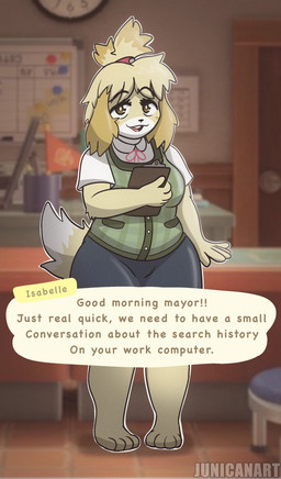 accessory anthro barefoot biped blonde_hair blush blush_stickers bottomwear breasts brown_eyes buckteeth cardigan clipboard clothed clothing dialogue dipstick_tail eyelashes feet female fur hair hair_accessory hair_bun hair_tie header_box holding_clipboard holding_object humor inside long_eyelashes looking_at_viewer markings medium_breasts office open_mouth open_smile outline pencil_skirt screencap screencap_background skirt slightly_chubby slightly_chubby_anthro slightly_chubby_female smile solo standing tail tail_markings talking_to_viewer teeth text text_box white_outline wide_hips yellow_body yellow_fur junicanart animal_crossing nintendo isabelle_(animal_crossing) canid canine canis domestic_dog mammal shih_tzu toy_dog 2026 artist_name character_name digital_media_(artwork) english_text film_grain full-length_portrait hi_res portrait