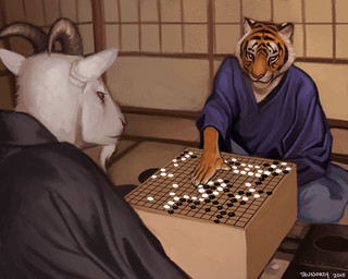 5_fingers anthro clothed clothing duo fingers fully_clothed fur go_(game) horn inside pink_nose sitting striped_body striped_fur stripes trunorth bovid caprine felid goat mammal pantherine tiger 2015 5:4 digital_media_(artwork)