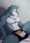 abs anthro bulge clothing embarrassed male muscular muscular_anthro muscular_male nipples novelty_clothing pecs solo underwear chuurow lifewonders meme_clothing tokyo_afterschool_summoners wolf_head_underwear breke_(tas) canid canine canis mammal wolf absurd_res hi_res meme