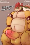 anthro armwear bagu balls belly big_balls big_penis bodily_fluids bowser bracelet clothing collar conditional_dnp cum daddy_kink dialogue erection genital_fluids genitals hair hi_res horn humanoid_genitalia humanoid_penis jewelry koopa looking_at_viewer male mario_bros muscular muscular_male neckwear nintendo patreon patreon_logo pecs penile_spines penis precum red_hair reptile scalie shell simple_background sitting solo spiked_bracelet spiked_collar spikes teeth_showing text yellow_body