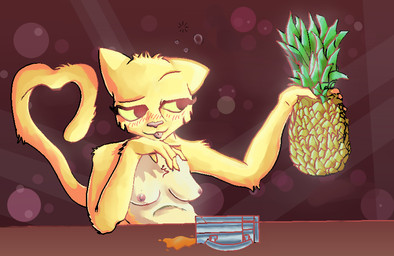 anthro breasts drunk female food fruit fur gesture pineapple plant solo substance_intoxication tail tail_gesture tail_heart conditional_dnp vaktus microsoft prequel_adventure the_elder_scrolls katia_managan felid khajiit mammal