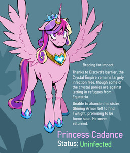 crown eye_bags feathered_wings feathers female feral gold_(metal) gold_jewelry hair headgear hoofwear horn horn_jewelry horn_ring jewelry multicolored_hair multicolored_tail neckwear pink_body princess ring_(jewelry) royalty solo tail text wings cracklewink friendship_is_magic hasbro infection_au my_little_pony mythology princess_cadance_(mlp) equid equine mammal mythological_creature mythological_equine winged_unicorn absurd_res english_text hi_res
