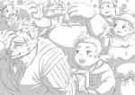 anthro blush bodily_fluids group male mohawk overweight overweight_male scar tears young pihii3 lifewonders tokyo_afterschool_summoners barguest_(tas) behemoth_(tas) kenta_(tas) ryouta_yakushimaru bear human mammal monster black_and_white hi_res monochrome