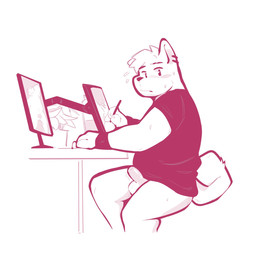 anthro balls blush bodily_fluids bottomless clothed clothing drawing_tablet ear_piercing electronics erection fur furniture genitals hair humanoid_genitalia humanoid_penis looking_at_viewer male mostly_nude mostly_nude_male partially_clothed partially_clothed_anthro partially_clothed_male penile penis piercing plant ring_piercing simple_background slightly_chubby slightly_chubby_anthro slightly_chubby_male solo sweat tail topwear topwear_only tohfu canid canine canis mammal digital_media_(artwork) hi_res monochrome