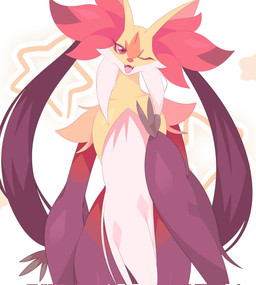 anthro fangs female front_view fur gesture hand_gesture inner_ear_fluff looking_at_viewer one_eye_closed open_mouth orange_body orange_fur purple_body purple_fur red_body red_eyes red_fur smile solo star teeth tuft v_sign white_body white_fur yellow_body yellow_fur rullu_1507 nintendo pokemon canid canine fox generation_9_pokemon mammal mega_delphox mega_evolution pokemon_(species) 2026 hi_res portrait three-quarter_portrait