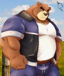 anthro belly big_belly black_nose bottomwear brown_body clothing humanoid_hands kemono male musclegut muscular overweight overweight_male pants shirt solo topwear hfengfffff morenatsu juuichi_mikazuki bear mammal 2023 5:6 absurd_res hi_res