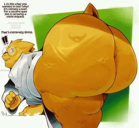 anthro anus bent_over big_anus big_butt bottomless butt clothed clothing ellipsis eyewear female glasses huge_butt huge_hips huge_thighs hyper hyper_butt looking_at_viewer looking_back presenting presenting_hindquarters question_mark shirt solo text thick_thighs topwear wide_hips darkgoku undertale_(series) alphys lizard reptile scalie english_text hi_res