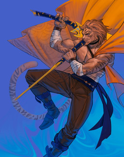 action_pose anthro beard cape clothing facial_hair hair holding_melee_weapon holding_object holding_sword holding_weapon male male_anthro melee_weapon mouth_closed muscular muscular_anthro muscular_male orange_body orange_cape orange_clothing orange_hair pose purple_eyes solo sword weapon edvardiko final_fantasy final_fantasy_xiv square_enix felid hrothgar mammal absurd_res hi_res