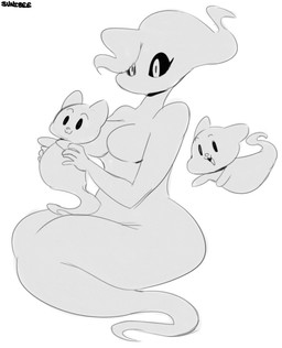 anthro black_sclera breasts female group wide_hips sunibee juice_(sunibee) domestic_cat felid feline felis ghost mammal spirit monochrome