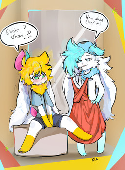 3_fingers 4_toes anthro blonde_hair blue_eyes blue_hair blush bottomwear bow_ribbon cheek_tuft chest_tuft clothes_line clothing dialogue dress duo embarrassed expressions facial_tuft feet femboy fingers fitting_room flower fur green_eyes hair hat headgear headwear looking_at_another male mirror open_mouth pawpads paws pink_nose plant scarf shirt shorts simple_background sitting speech_bubble suggesting teal_body teal_fur toes topwear tuft white_body white_fur yellow_body yellow_fur basilbxun nintendo pokemon ashley_(shaymin) generation_4_pokemon legendary_pokemon pokemon_(species) shaymin sky_forme_shaymin absurd_res hi_res