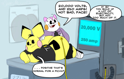 anthro big_butt black_bottomwear black_clothing black_ear_tips black_hair black_sclera black_shirt black_tail black_topwear bottomwear bottomwear_down butt chart check_up clothed clothing coat dialogue dipstick_ears doctor duo ear_markings electrical_plug electricity fangs footwear grey_clothing grey_topwear hair hotpants id_card inspection lab_coat logo_on_clothing lying machine male markings medical multicolored_ears on_front open_mouth pants pants_down partially_clothed pink_cheeks pink_ears pink_markings poster purple_clothing purple_coat purple_topwear shirt shoes shorts simple_background speech_bubble tail teeth text topwear white_body white_eyes wire worried_look yellow_body yellow_cheeks chonkymouse nintendo pokemon pace_(blastoiseanimator) zerek_(chonkymouse) generation_2_pokemon generation_4_pokemon pachirisu pichu pokemon_(species) 2025 colored digital_media_(artwork) english_description english_text hi_res