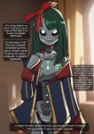 blush bow_ribbon clothing coat female glowing glowing_eyes green_hair hair looking_at_viewer machine solo text topwear basedbinkie warhammer_(franchise) warhammer_40000 bahiti humanoid necron robot english_text hi_res