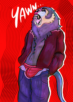 abstract_background anthro black_sclera bodily_fluids bottomwear bulge character_cassyus clothed clothing denim denim_bottomwear denim_clothing grey_body jacket jeans male mouth_shot open_bottomwear open_clothing open_mouth open_pants pants red_background saliva simple_background solo teeth topwear yawn steelybuck baboon haplorhine mammal monkey old_world_monkey primate absurd_res hi_res