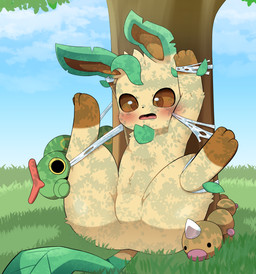 3_toes ambiguous_gender arms_above_head bdsm blush bondage bound brown_body butt day featureless_crotch feet feral forced front_view green_body group legs_up null open_mouth outside paws restrained spread_legs spreading tail thick_thighs toes yellow_body sum nintendo pokemon eeveelution generation_4_pokemon leafeon pokemon_(species) hi_res
