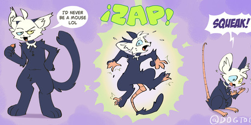ambiguous_gender anthro black_body black_fur eyebrows fur heterochromia raised_eyebrow smug solo standing text transformation zapped dogtober dizzy_(dizzymilky) domestic_cat felid feline felis mammal mouse murid murine rodent digital_media_(artwork) english_text hi_res sequence