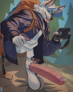 anthro backpack balls big_balls big_penis biped blep blue_eyes bottomwear camera claws clothed clothing erection finger_claws foreskin fur genitals heterochromia hiker hiking holding_camera holding_object huge_balls huge_penis humanoid_genitalia humanoid_penis jacket looking_at_viewer male male_anthro open_bottomwear open_clothing open_jacket open_pants open_topwear orange_eyes outside pants penis smile smiling_at_viewer solo tongue tongue_out topwear white_body white_fur sinsquared canid canine canis mammal wolf 2026 digital_media_(artwork) hi_res