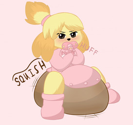 anthro bib big_diaper blush booties breath brown_eyes button_(fastener) clothing crossed_arms diaper feces female floppy_ears fur object_in_mouth onesie orange_body orange_fur pacifier pacifier_in_mouth pooping pouting soiled_diaper soiling soiling_diaper solo squish text unclean_diaper used_diaper yellow_body yellow_fur lyesander animal_crossing nintendo isabelle_(animal_crossing) canid canine canis domestic_dog mammal shih_tzu toy_dog hi_res