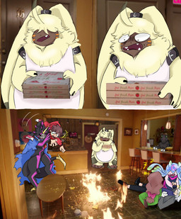anthro brown_hair female fire food fur group hair hair_over_eyes humor long_ears male photo_background pizza ponytail_ears yellow_body yellow_fur beanibooze bandai_namco digimon digimon_ghost_game hiro_amanokawa kiyoshiro_higashimitarai ruri_tsukiyono angoramon digimon_(species) gulusgammamon human humanoid jellymon mammal draw_over meme photography_(artwork)