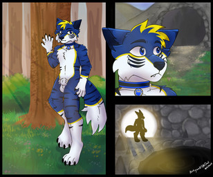 animal_genitalia anthro balls blue_body blue_eyes blue_fur cave collar collar_only forest fur genitals latex male nude plant sheath solo stripes tail tree artywolf bluefiger canid canine canis mammal wolf comic hi_res